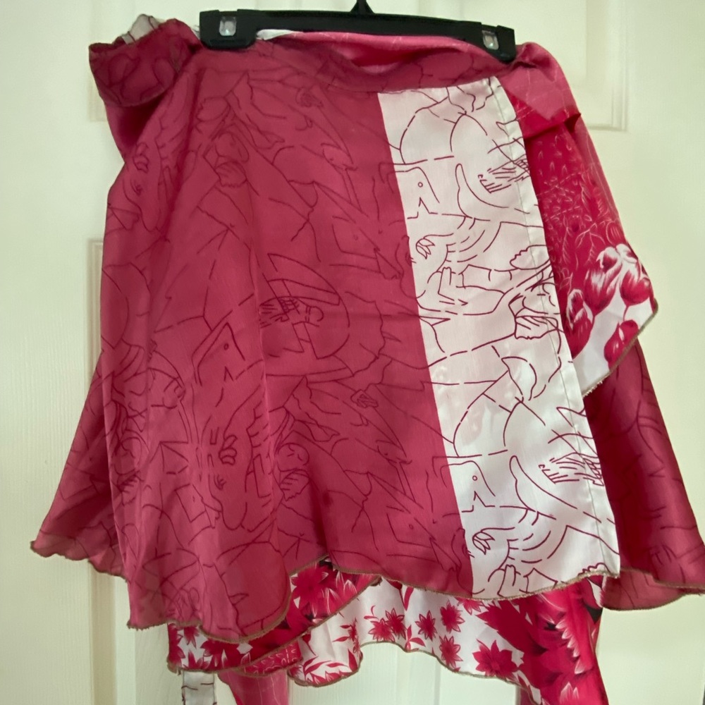 Fabulous pink, red, silver, and cream recycled sari wrap skirt. Size XL mini